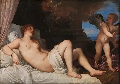 One of several variants by Titian, 1544. Cupid is alongside Danaë. 120&nbsp;cm × 172&nbsp;cm. National Museum of Capodimonte, Naples