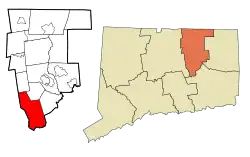 Hebron's location within Tolland County and Connecticut