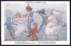Soft-colored illustration of children dancing around a young piper. The text above it reads 'Tom was a Piper's Son.' The text below it reads: Tom he was a piper's son, He learned to play when he was young, But all the tunes that he could play, was 'over the hills and far away.'