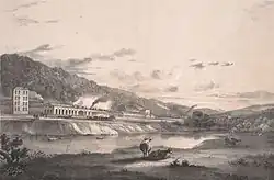 a drawing of a row of large stone industrial buildings beside a river