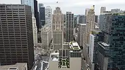 Tribune Tower in July 2021, with noticeable additions on part of the condo conversion