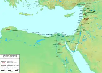 Geophysical map of the eastern Mediterranean with names of major cities and provinces under Tulunid control