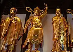 Jade Buddha Temple (Shanghai, China) - Statues of Emperor Zi Wei on the left, Emperor Dongyue in the center and Lakshmi (Gōngdétiān or Jíxiáng Tiānnǚ) on the right.