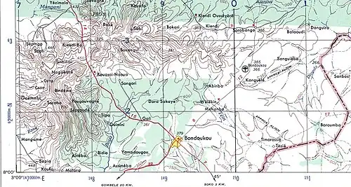 Region around Bondoukou town, showing international border in red, c. 1957.