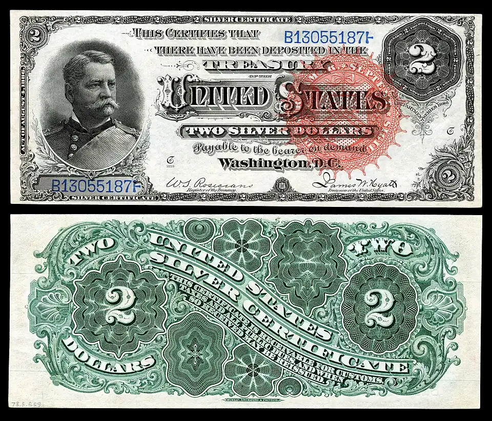 Series 1886 $2 Silver Certificate depicting Winfield Scott Hancock