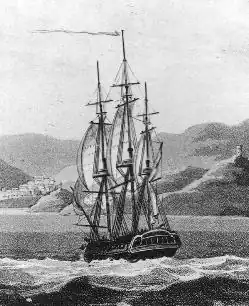 Drawing of the USS&nbsp;Philadelphia, built in Joshua Humphreys' shipyard in Pennsport, 1799.