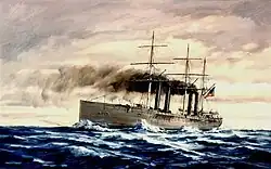 USS Wampanoag, a long frigate with three masts and 4 steaming funnels, at sea. The blowing smoke and waves gives the idea that she sails at a high speed while the yellow sky gives the implication that the painting is either at sunrise or sunset.