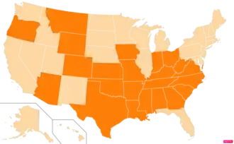 States in the United States by Evangelical Protestant population according to the Pew Research Center 2014 Religious Landscape Survey.[248] States with Evangelical Protestant populations greater than the United States as a whole are in full orange.