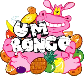 Pink hippopotamus surrounded by fruit, holding the words "Um Bongo"