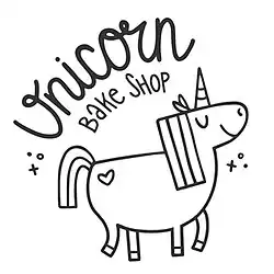 Black-and-white graphic logo of a unicorn and the text 'Unicorn Bake Shop'
