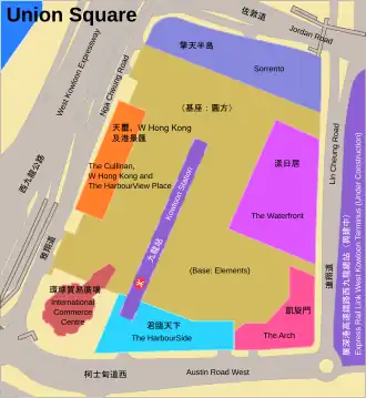 A simplified map of Union Square showing the location of the International Commerce Centre