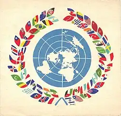 United Nations card, laurel simbol, flags