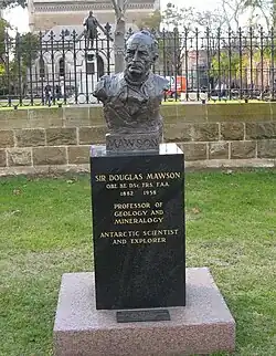 Sir Douglas Mawson Unveiled by the Lord Mayor, Dr John Watson, on 16 August 1982.