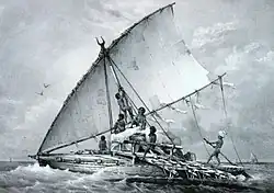 Image 35An Austronesian outrigger canoe; Malagasy vahoaka "people" is from Proto-Malayo-Polynesian *va-waka "people of the canoe". The Vahoaka Ntaolo, the first Austronesian ancestors of the Malagasy, probably used similar canoes to reach the great island from the Sunda Islands (from History of Madagascar)