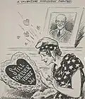 Ink drawing of a woman wearing a dark dress with light stars, staring down and to the left towards a large valentine that says "still forever yours." There is a framed portrait of Eisenhower in the background, with hearts flying in the empty space.