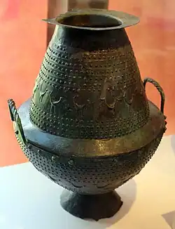 Villanovan bronze globular vase, originally for perfumes and incense, then as a cinerary, circa 750-725 BC, tomb 74 of Montevetrano.