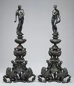 Andiron fronts with Venus and (?) Mars. Design by Girolamo Campagna, possibly made in 17th century. 44+1⁄2 inches (113&nbsp;cm) high