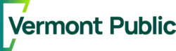 A tall four-sided incomplete outline, similar to the shape of Vermont, in a gradient of two shades of bright green. The outline is cut off on the right around the words "Vermont Public" in a sans serif in dark green.