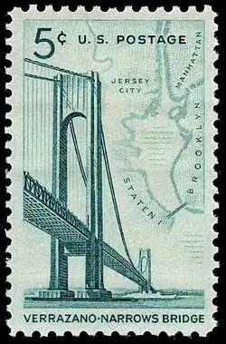 Verrazzano-Narrows Bridge commemorative stamp, first sold on November 21, 1964, in conjunction with the bridge's opening