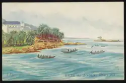 A painting by Edith Cheeseman from the 1920s, later published as a postcard. It depicts Fort Metal Cross as well as Alatakron, the village at the base of the fort which was inhabited by ancestors of migrants from Lagos, who worked as tradespeople maintaining the fort.