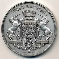 Medal of the city with its blazon, 53 millimetres (2.1&nbsp;in), signed Dantzell 1862.