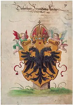 Coat of arms of the Holy Roman Empire with two putti (1540s manuscript)