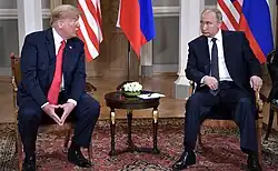 Putin with U.S. president Donald Trump at the summit meeting in Helsinki, Finland, 16 July 2018