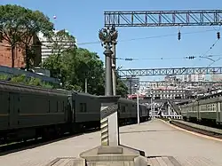 The marker for kilometer 9,288 (mile 5,771.3) at the end of the Trans-Siberian Railway at Vladivostok railway station