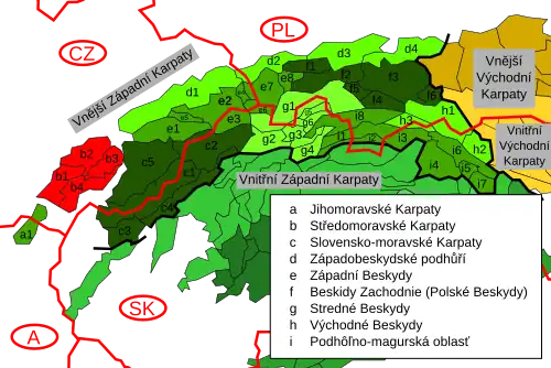 Moravian Carpathians (marked in red) within the Outer Western Carpathian