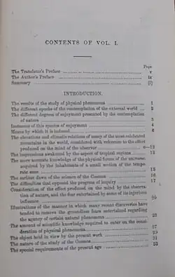 First page of the table of contents to volume 1 of "Cosmos," translated by Elise Otté (1849)