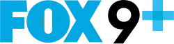 The Fox logo in sky blue, the numeral 9 from the KMSP in black, and a superscript plus symbol in sky blue