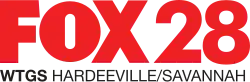 A red Fox network logo with a red 28 in a sans serif next to it. Beneath both elements is the call sign WTGS in a bold black sans serif, and the words "Hardeeville/Savannah" in a thin black sans serif.