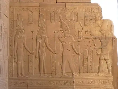 Wall relief of Cleopatra III, Cleopatra II and Ptolemy&nbsp;VIII before Horus