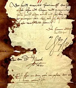 Letter from Wallenstein, containing Pappenheim's last orders as well as stains of his blood., ( German Wikisource has original text related to this article: Pappenheim's last order)