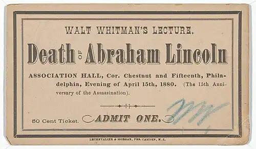 A piece of paper labeled "Walt Whitman's Lecture. Death of Abraham Lincoln"