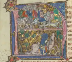 In the upper register and king and his court are riding through the countryside. The king is blowing a red hunting horn. In the lower image the king falls from his horse.