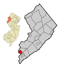 Location of Phillipsburg in Warren County highlighted in red (right). Inset map: Location of Warren County in New Jersey highlighted in orange (left).