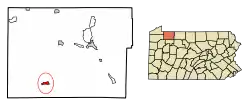 Location of Tidioute in Warren County, Pennsylvania.