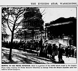 Original newspaper photo caption reads "hoping to see prime minister; here is a portion of the crowd which stood in the Capitol Plaza today waiting for Prime Minister Churchill to emerge from the Senate chamber after his address before Congress