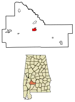 Location of Camden in Wilcox County, Alabama.