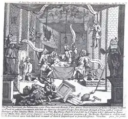 A print by William Hogarth entitled A Just View of the British Stage from 1724 depicting Robert Wilks, Colley Cibber, and Barton Booth rehearsing a pantomime play with puppets enacting a prison break down a privy. The "play" is composed of nothing but toilet paper, and the scripts for Hamlet, inter al., are toilet paper.