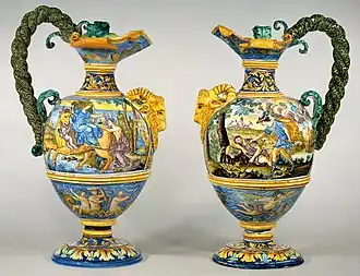 Nevers pair of wine jugs, c. 1685, 56&nbsp;cm high. François Chauveau's Rape of Europa is again used (left).