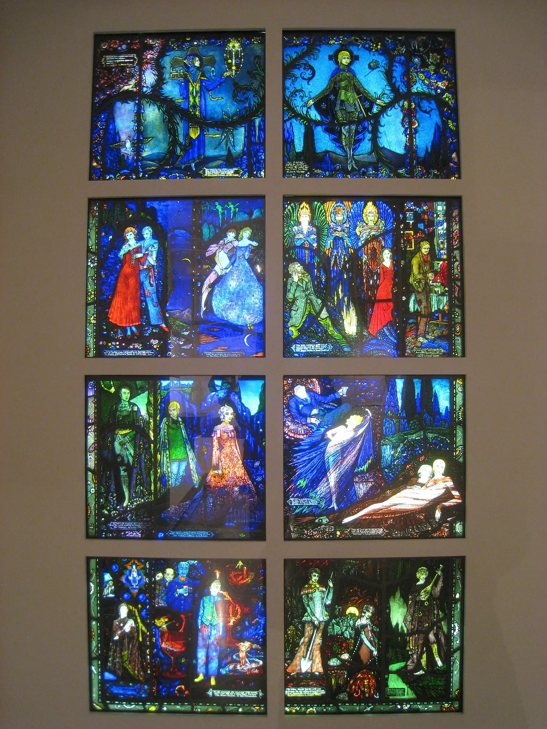 An 8-panel ornate stained glass window