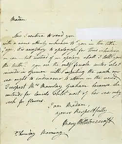 Handwritten letter reads "Madam Now I venture to send you [cut out] with a name utterly unknown to you in the [?], it is necessary to apologize for thus intruding on you—but instead of an apology shall I tell you the truth? You are the only female writer who I consider in opinion with respecting the [?] our sex ought to endeavour to attain the world. I respect Mrs. Macaulay Graham because she contends for [?] whilst most of her sex only seeks for flowers. I am Madam, Yours respectually, Mary Wollstonecraft Thursday Morning."