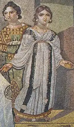 4th century A.D., Byzantine Empire. Woman playing cymbala (or kymbala), from the Mosaic of the Female Musicians, Mariamin