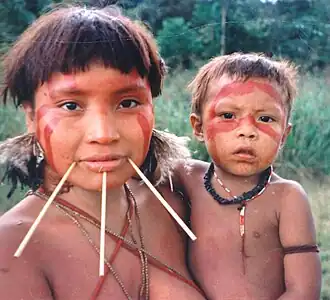 A Yanomami woman and child, adorned with traditional paint and accessories