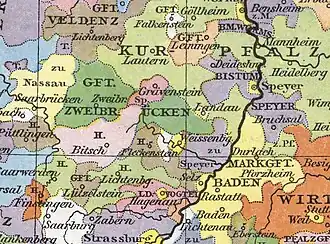 Counties of Zweibrücken-Zweibrücken (dark green) and Zweibrücken-Bitsch (light pink) around 1400