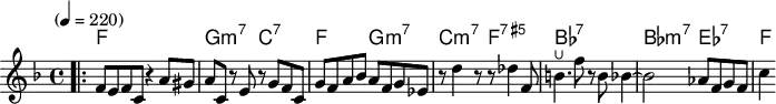 \version "2.22.0"
\header { tagline = "" }
global = {
\time 4/4
\key f \major
\set Score.tempoHideNote = ##f
\tempo "" 4=220
\set chordChanges = ##t
}
chordNames = \transpose c c, \chordmode {
\global
f1 |
g2:m7 c2:7 |
f2 g2:m7 |
c2:m7 f2:7.5+
bes1:7 |
bes2:m7 es2:7 |
f4
}
melody = \relative c' {
\bar ".|:"
f8 e f c r4 a'8 gis |
a c, r e r g f c |
g' f a bes a f g es |
r8 d'4 r8 r des4 f,8 |
b4.^\lheel f'8 r b, bes4~ |
bes2 as8 f g f |
c'4
}
\score {
<<
\new ChordNames \chordNames
\new Staff {
\global
\melody
}
>>
\layout { }
}
\score {
\unfoldRepeats
<<
\new ChordNames \chordNames
\new Staff {
\global
\melody
}
>>
\midi { }
}