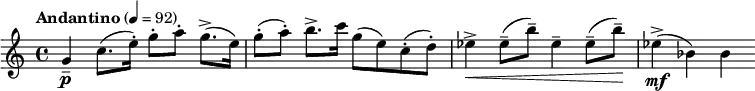  \relative c'' { \clef treble \time 4/4 \set Staff.midiInstrument = #"string ensemble 1" \tempo "Andantino" 4=92 g4\p-- c8.( e16-.) g8-.[ a-.] g8.->( e16) | g8-.( a-.) b8.-> c16 g8( e) c-.( d-.) | ees4->\< ees8--( b'--) ees,4-- ees8--( b'--)\! | ees,4->\mf( bes) bes } 