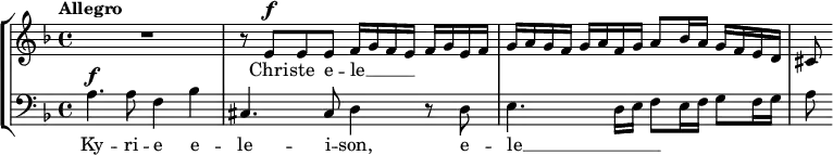 { \new StaffGroup <<
\new Staff <<
\tempo Allegro
\set Staff.midiInstrument = #"voice oohs"
\clef treble \key d \minor \time 4/4
\relative c'' {
\set Score.tempoHideNote = ##t \tempo 4 = 90
\clef treble \key d \minor \time 4/4
R1 r8 e,^\markup {\dynamic f} e e f16 g f e f g e f g a g f g a f g a8 bes16 a g f e d cis8
}
\addlyrics { Chri -- ste e -- le __ _ _ _ }
>>
\new Staff <<
\set Staff.midiInstrument = #"voice oohs"
\clef bass \key d \minor \time 4/4
\new Voice \relative c' {
a4.^\markup {\dynamic f} a8 f4 bes cis,4. cis8 d4 r8 d e4. d16 e f8 e16 f g8 f16 g a8
}
\addlyrics { Ky -- ri -- e e -- le -- i -- son, e -- le __ _ _ _ }
>>
>> }
